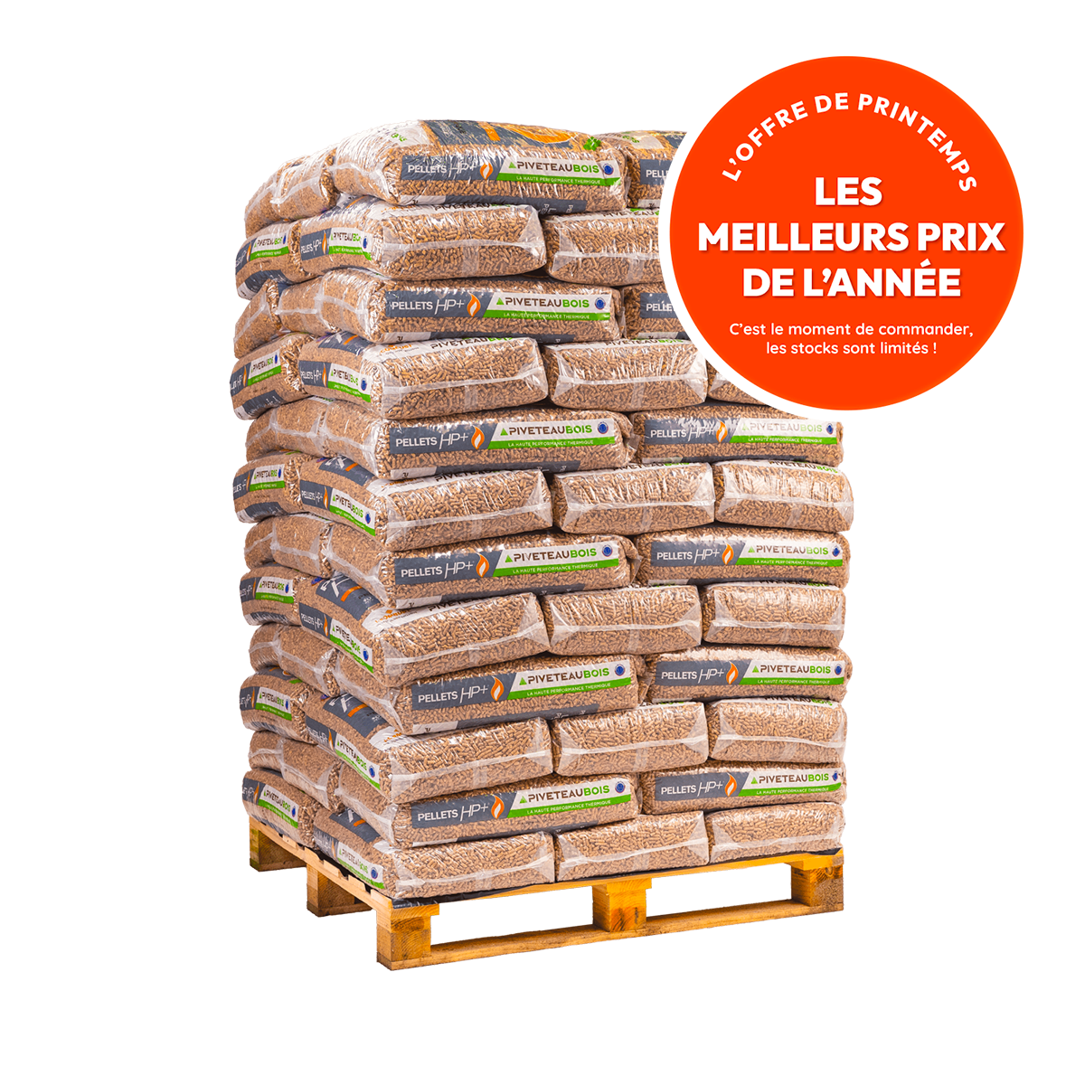 Pellet di legno HP+ – Piveteau – pallet da sacchi da 15 kg