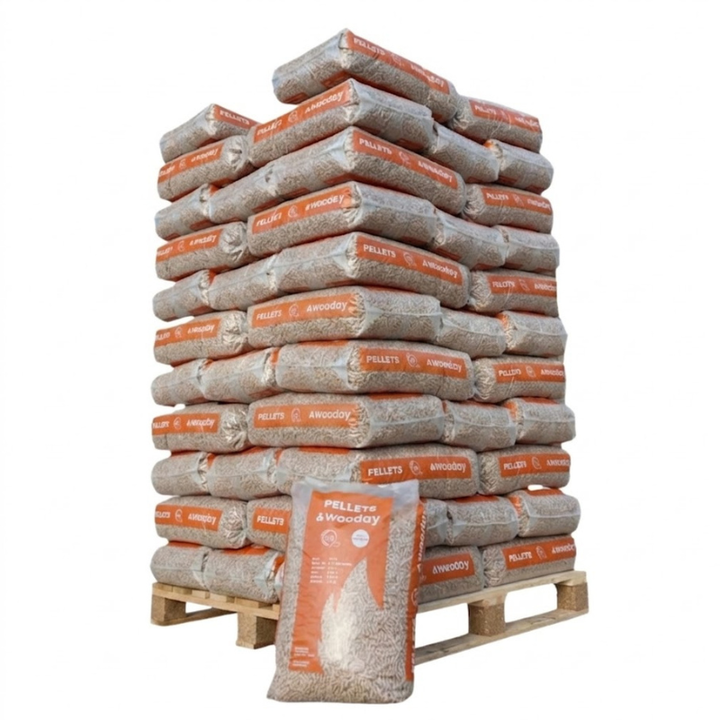 Pellet di legno Wooday Premium DINplus, pallet da 975 kg (65 sacchi)