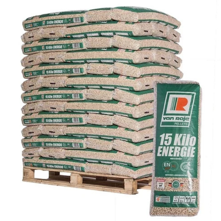 Pellet di legno Van Roje Premium, pallet da 975 kg (65 sacchi da 15 kg ciascuno)